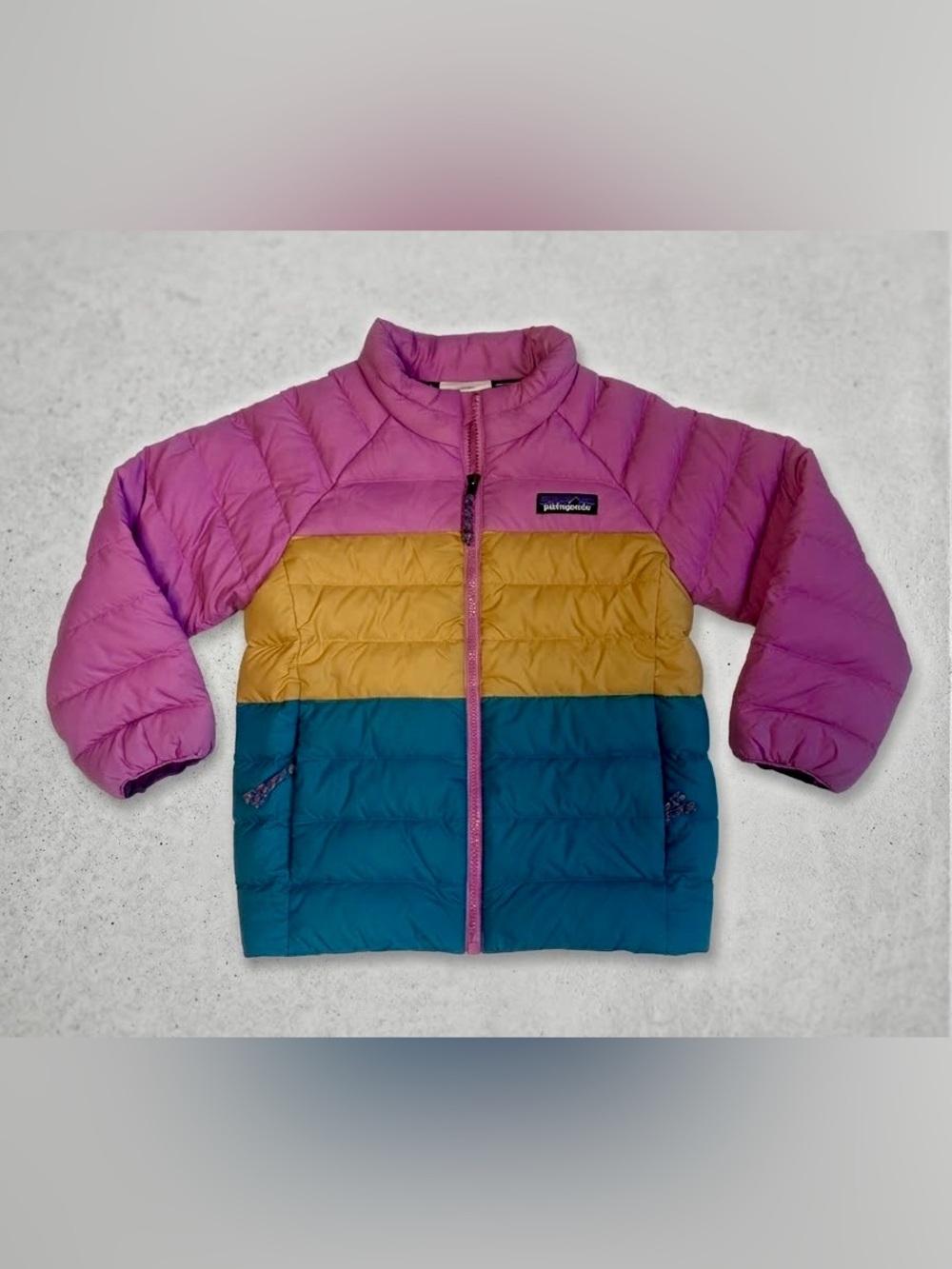 Patagonia Toddler Down Sweater Jacket 4T Colorblock Purple Gold Teal Puffer